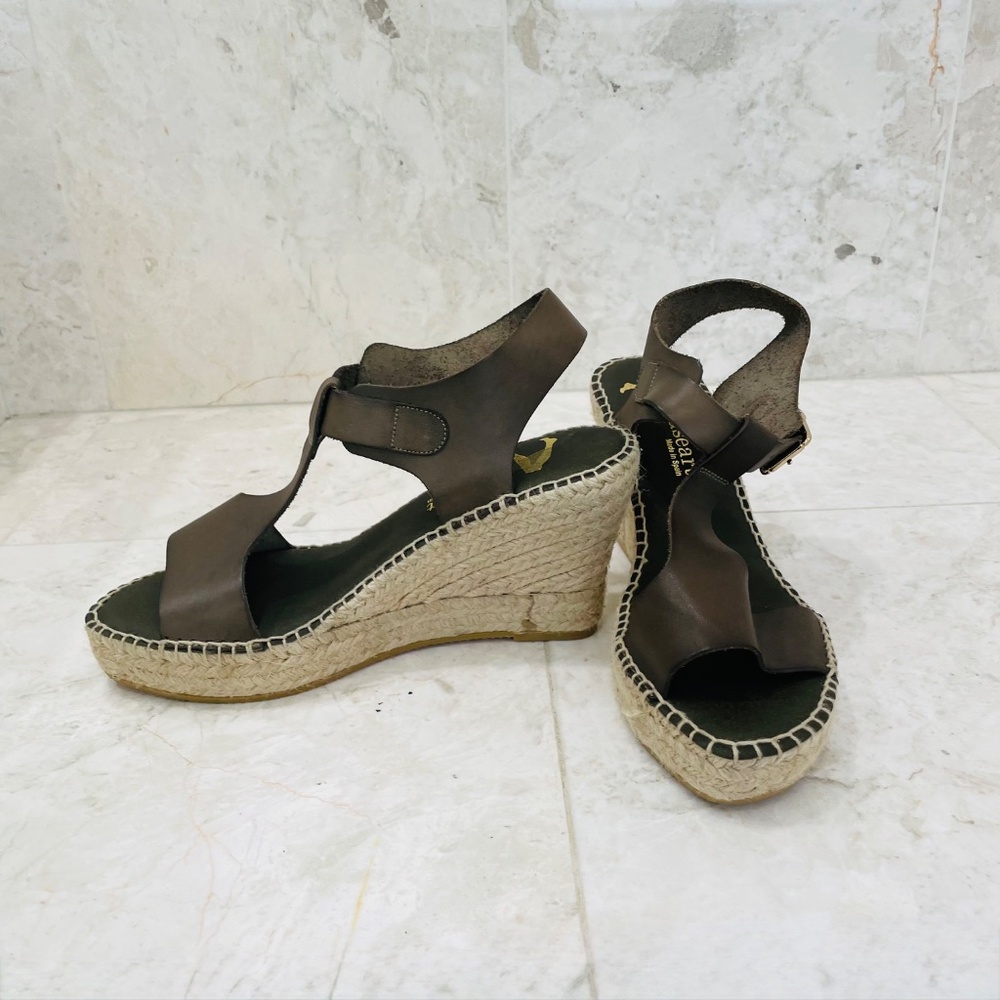 PASEART {40} Wedge Espadrilles Platform Leather Olive / Army Green NWOT - Picture 3 of 9